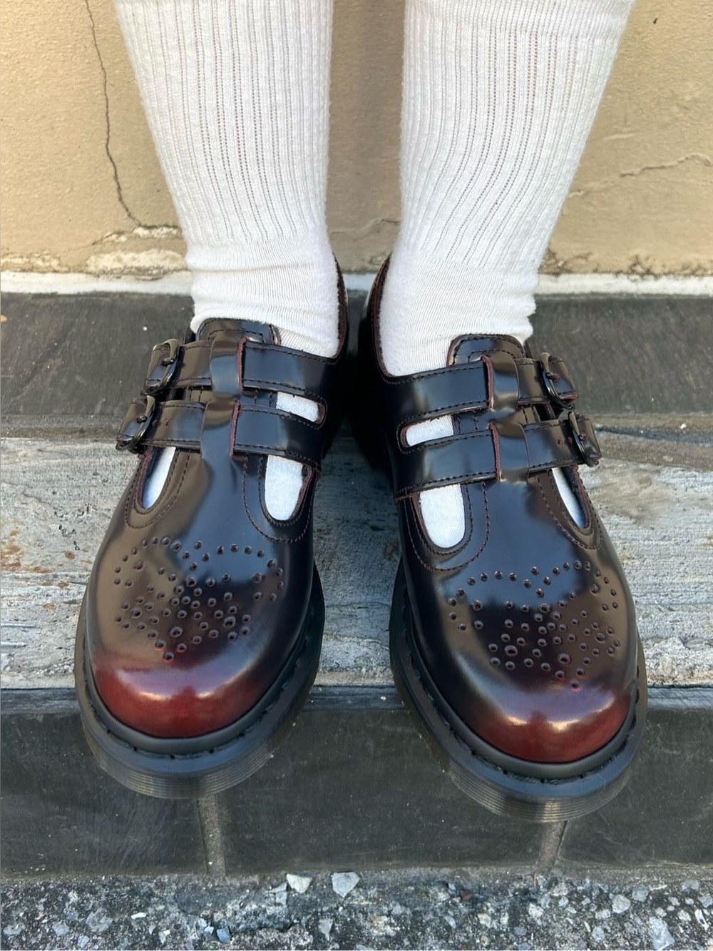 Dr. Martens Mary Jane Cherry Red Rub Off Arcadia Leather Broque